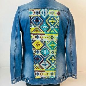 Lularoe Womens Jaxon Jean Jacket Blue Aztec Stretch Embroidered SZ SM